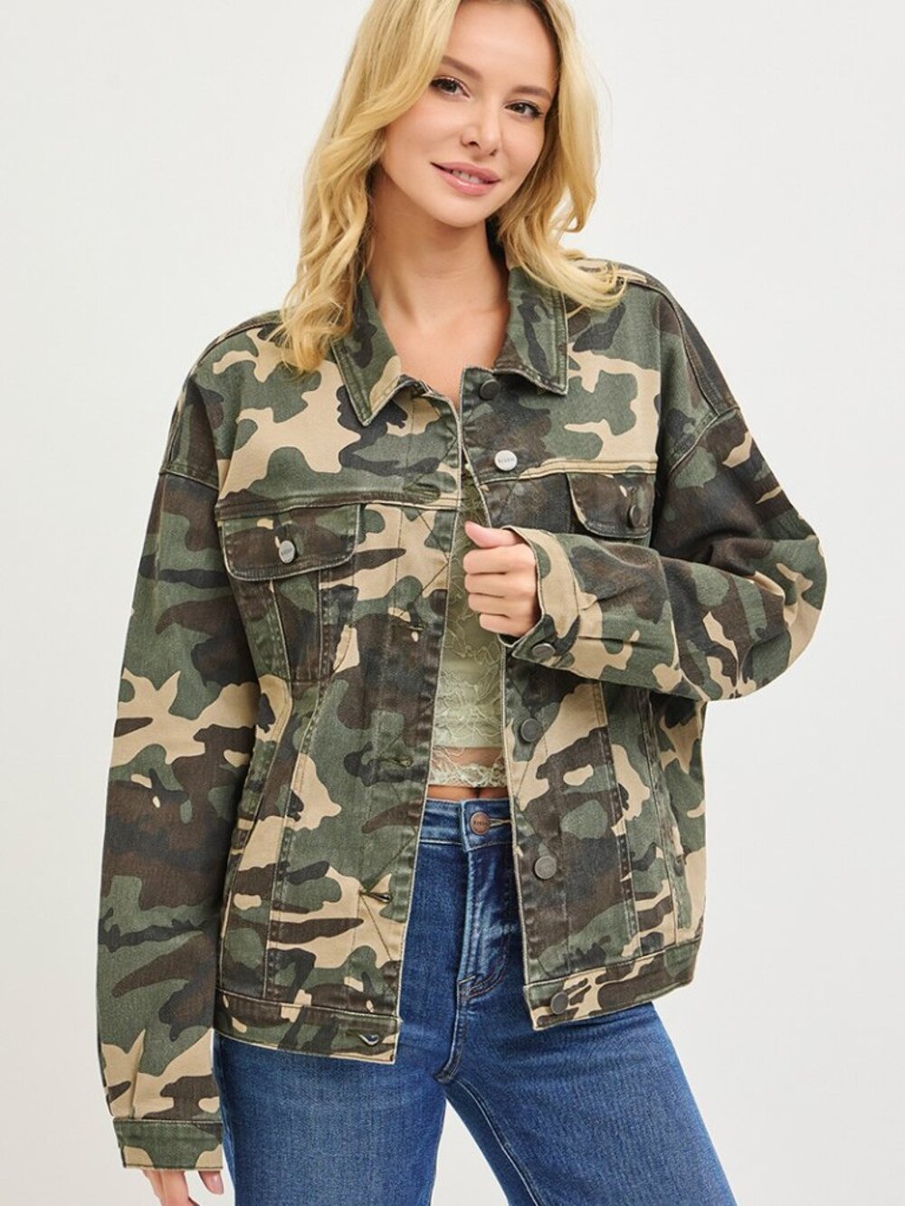 new RISEN JEANS CAMOUFLAGE CAMO JACKET plus sz 1X-3X trendy fashion USA classic